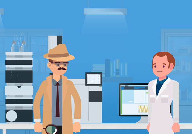 Illustration of regulatory inspector and two lab analyst in the laboratory with LC and GC instruments and chromatography software.