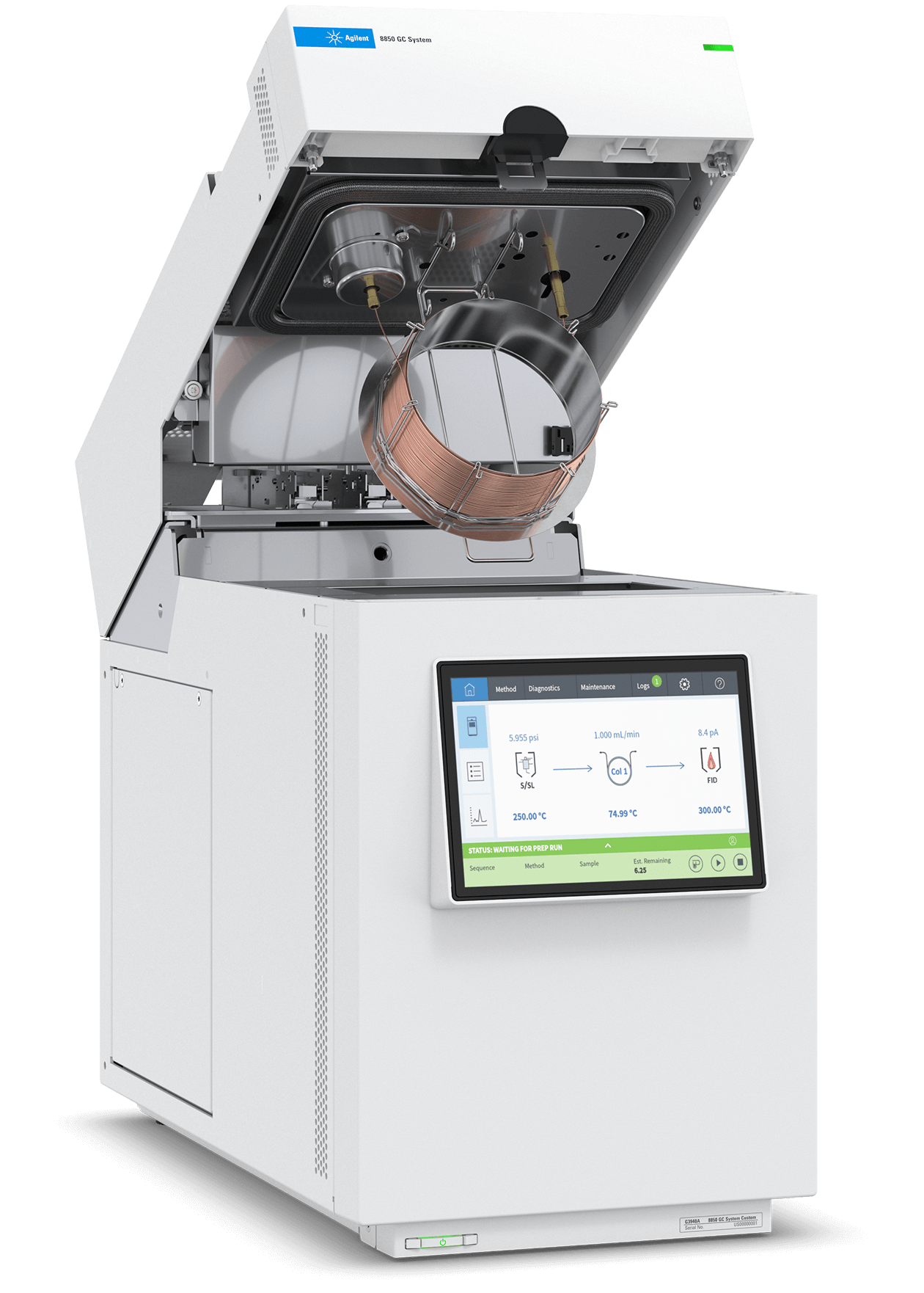 顶盖开启的 Agilent 8850 气相色谱仪