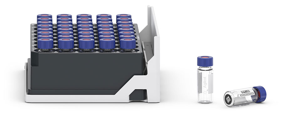 Vial tray with new barcoded vials